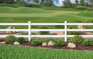 A classic white PVC two-rail ranch-style fence installed in a green landscape by MY PVC Fences in Miami, FL.