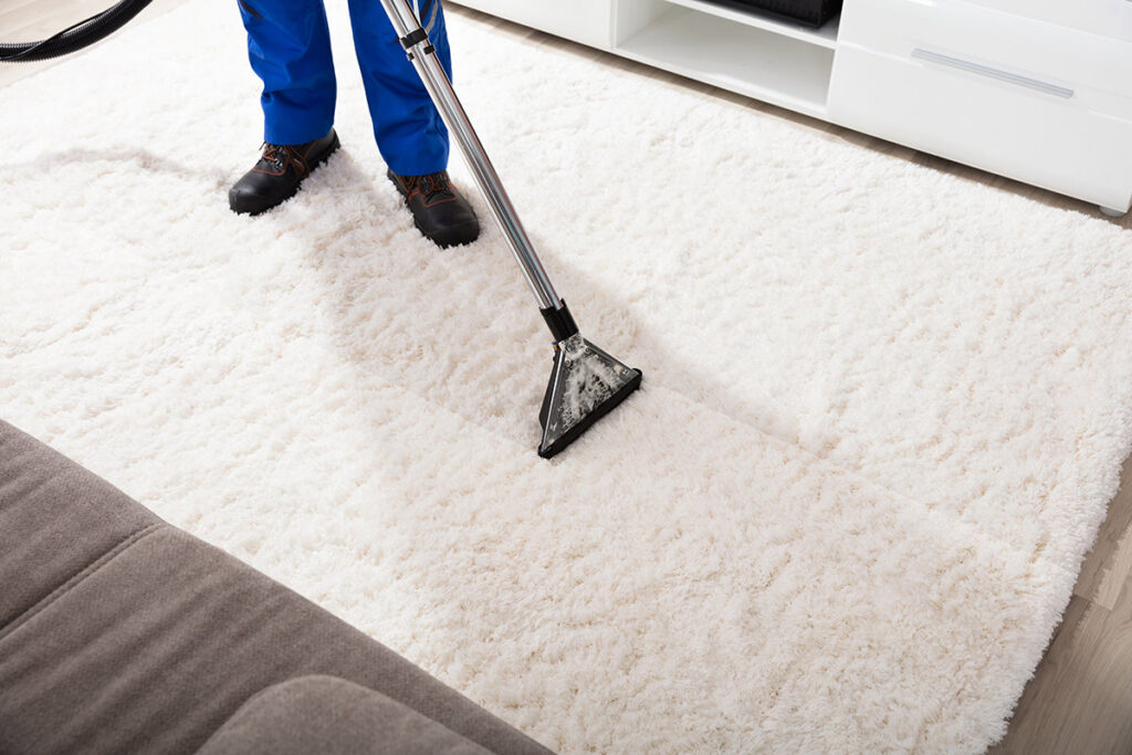 Deep cleaning of a white shag rug with professional equipment by GTS future cleaning services in Los Angeles, CA