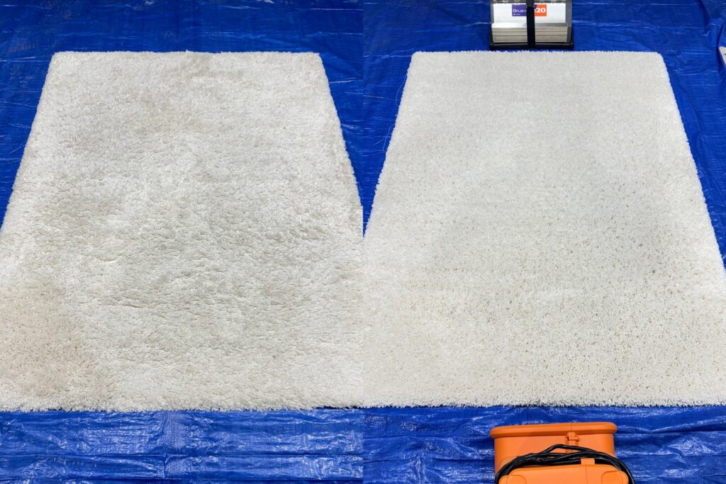 Two white shaggy area rugs on a blue tarp, demonstrating the before and after of professional cleaning by Strictly Tile & Carpet Care in Lansing, MI.