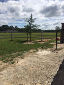 A white three-rail farm-style fence with a gate entrance, installed by Custom Fence Builders in Gulfport, MS.