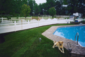 A white vinyl fence enclosing a pool area with a dog relaxing on the grass, completed by Chesley Fence & Deck in Fairview Heights, IL.