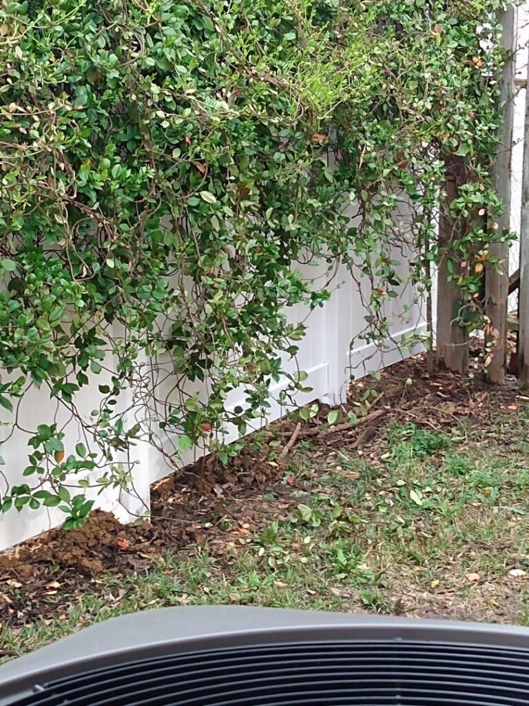 A white vinyl fence installed at a residential property, partially covered by greenery, by Pride Fence LLC in Overland Park, KS.