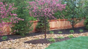 A white vinyl lattice fence providing privacy and charm in a residential backyard, installed by Custom Design Fence & Deck, Inc. in Ofallon, MO