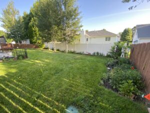 A pristine white vinyl privacy fence enclosing a lush green backyard, installed by Rio Fence Co. in Lincoln, NE.