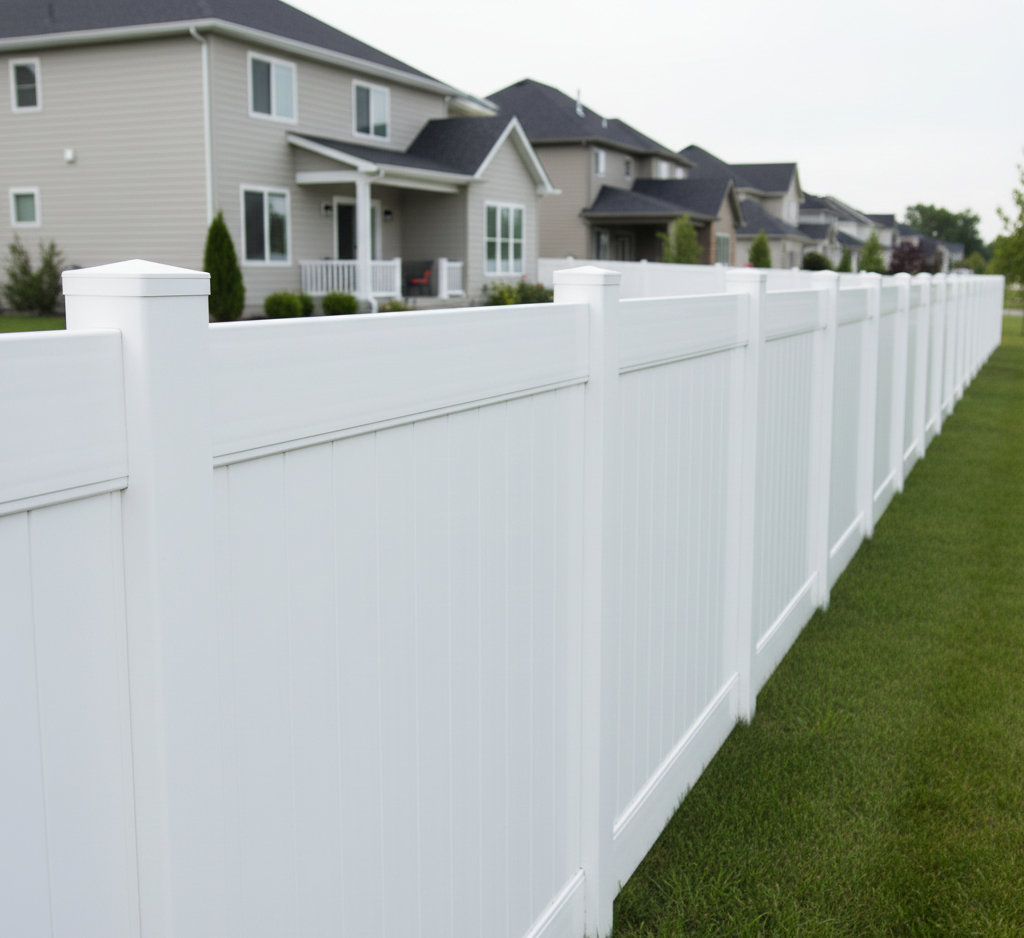A newly installed white vinyl privacy fence enclosing a residential property by Boost My Home in St. Augustine, FL.