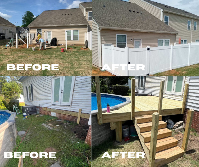 Before and after of a new white vinyl privacy fence installation by Committed Builder in Greensboro, NC