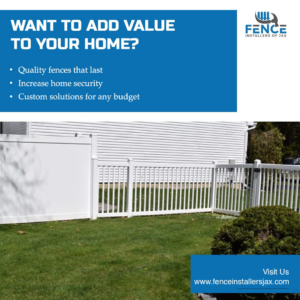 A white vinyl privacy fence with a gate installed by Fence Installers of Jacksonville in Jacksonville, FL.