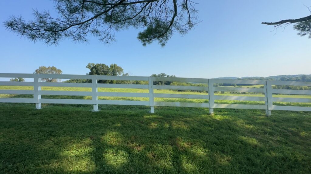 A white wooden farm fence stretching across a green field, showcasing work by Pileggi Fence Painting in Franklin, TN