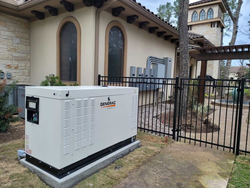 A whole-home Generac generator installed outside a luxury residence by Peace Of Mind Services in Sag Harbor, NY