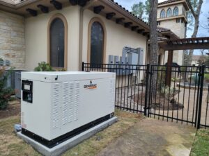 A whole-home Generac generator installed outside a luxury residence by Peace Of Mind Services in Sag Harbor, NY