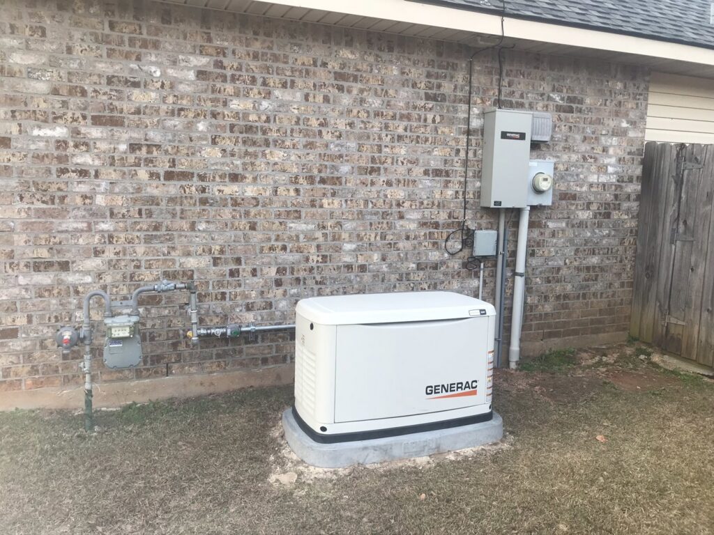 A whole-home generator installation with gas meter and electrical connections by Optimize Generator People in Baton Rouge, LA.