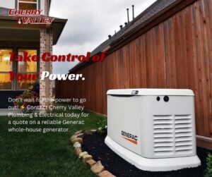 A whole-house Generac generator installed outside a home by Cherry Valley Plumbing and Electrical in Middleville, MI