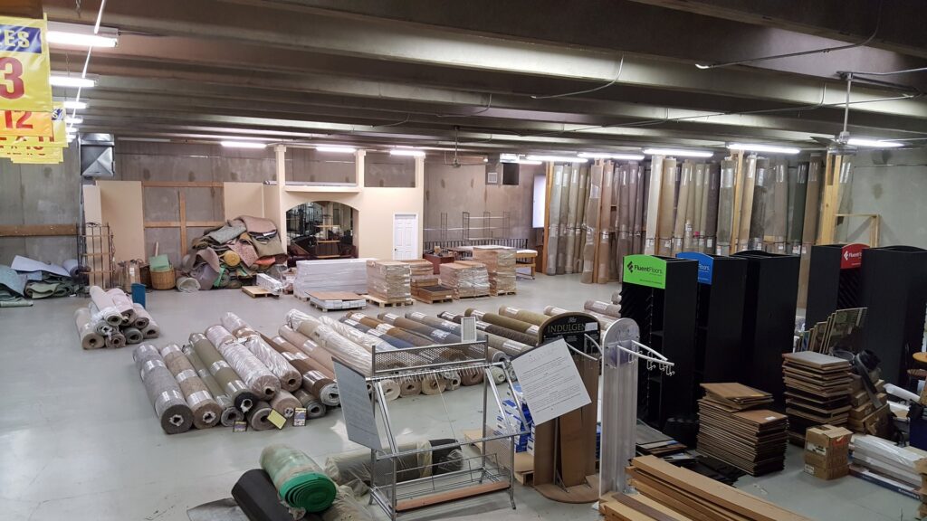 A wide view of the carpet and flooring warehouse and showroom at Taylor Carpets & Flooring in Provo, UT