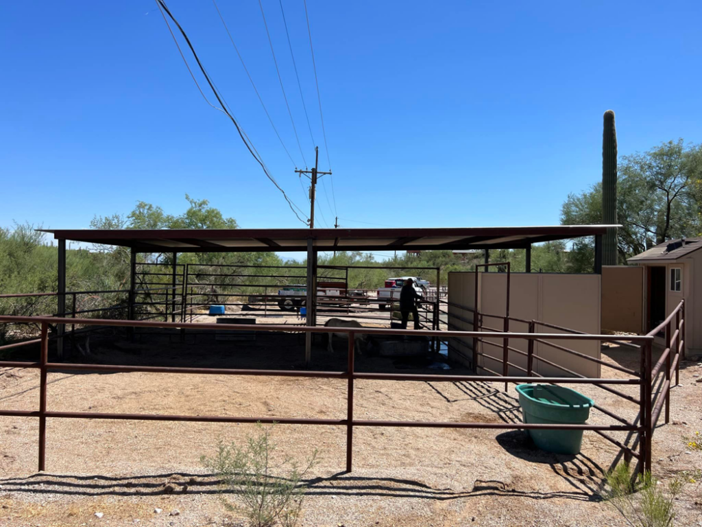 Wide view of a metal fencing enclosure and covered area completed by TACK Fabrication in Romero, Tucson, AZ.