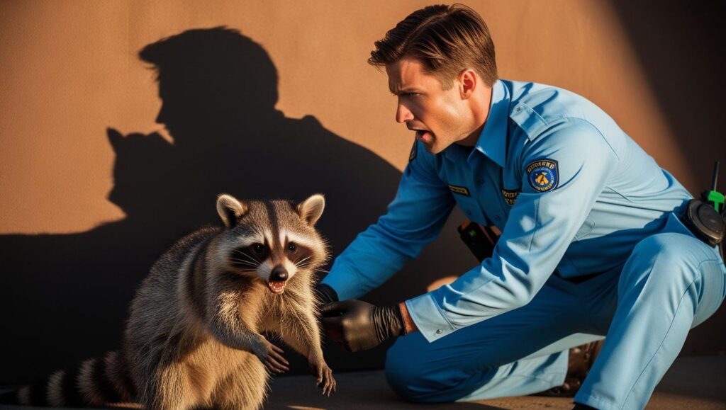 A wildlife control technician from Buzz Kill Pest Control interacting with a raccoon during a humane removal service in Indianapolis, IN.