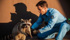 A wildlife control technician from Buzz Kill Pest Control interacting with a raccoon during a humane removal service in Indianapolis, IN.