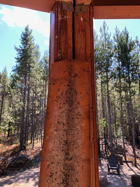 Evidence of wildlife damage and staining on a wooden post, addressed by Idaho Bat Control in Meridian, ID
