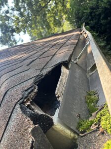 Severe damage to a roofline and gutter, indicating wildlife intrusion, addressed by Smart Solutions Wildlife Removal Specialists in Roswell, GA.