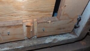 Damaged wood framing, likely caused by wildlife gnawing or scratching, requiring repair by Critter Control of Omaha, NE