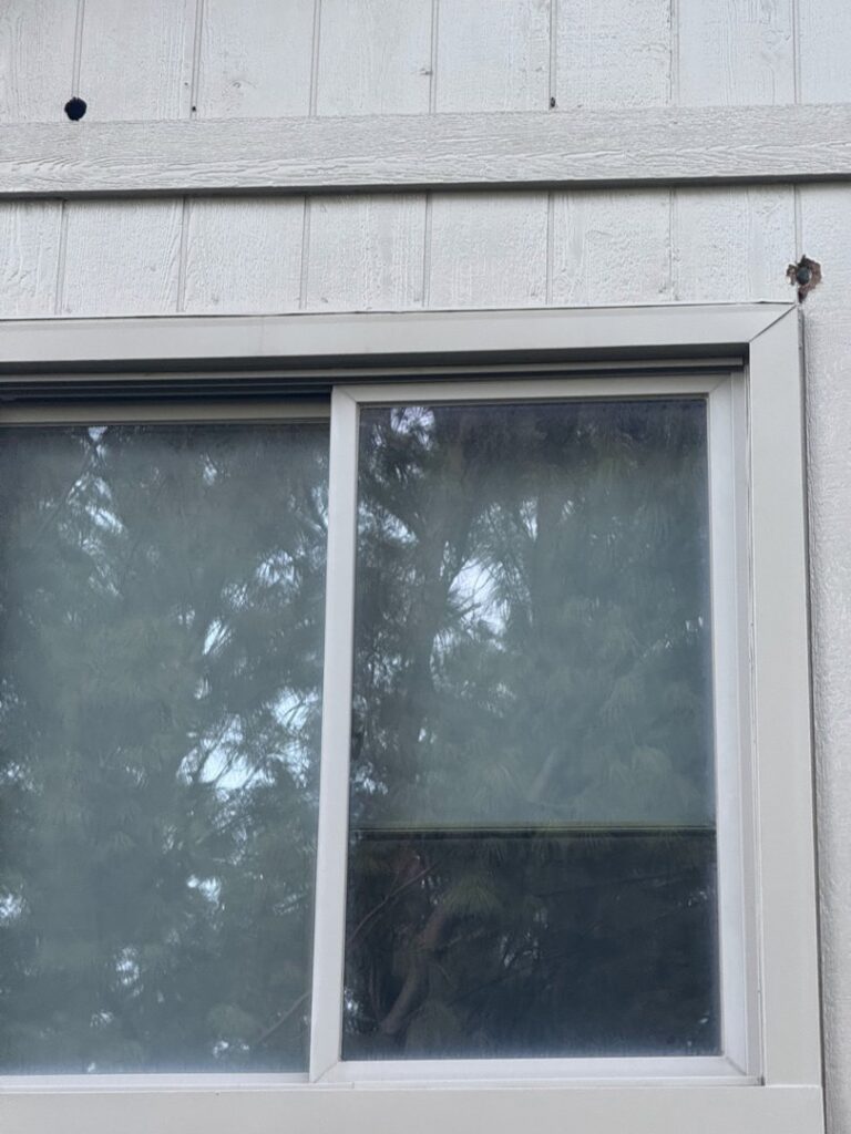 A small hole or damage on a window frame, indicating a potential wildlife entry point for Critter Control of Omaha, NE