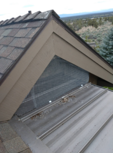 Wildlife exclusion mesh installed on a gable vent to prevent animal entry by Solid Pest Solutions in Bend, OR.
