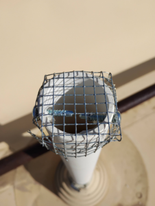 A metal mesh screen installed on a vent pipe for wildlife exclusion by Pestpuncherspcs in Rio Rancho, NM.