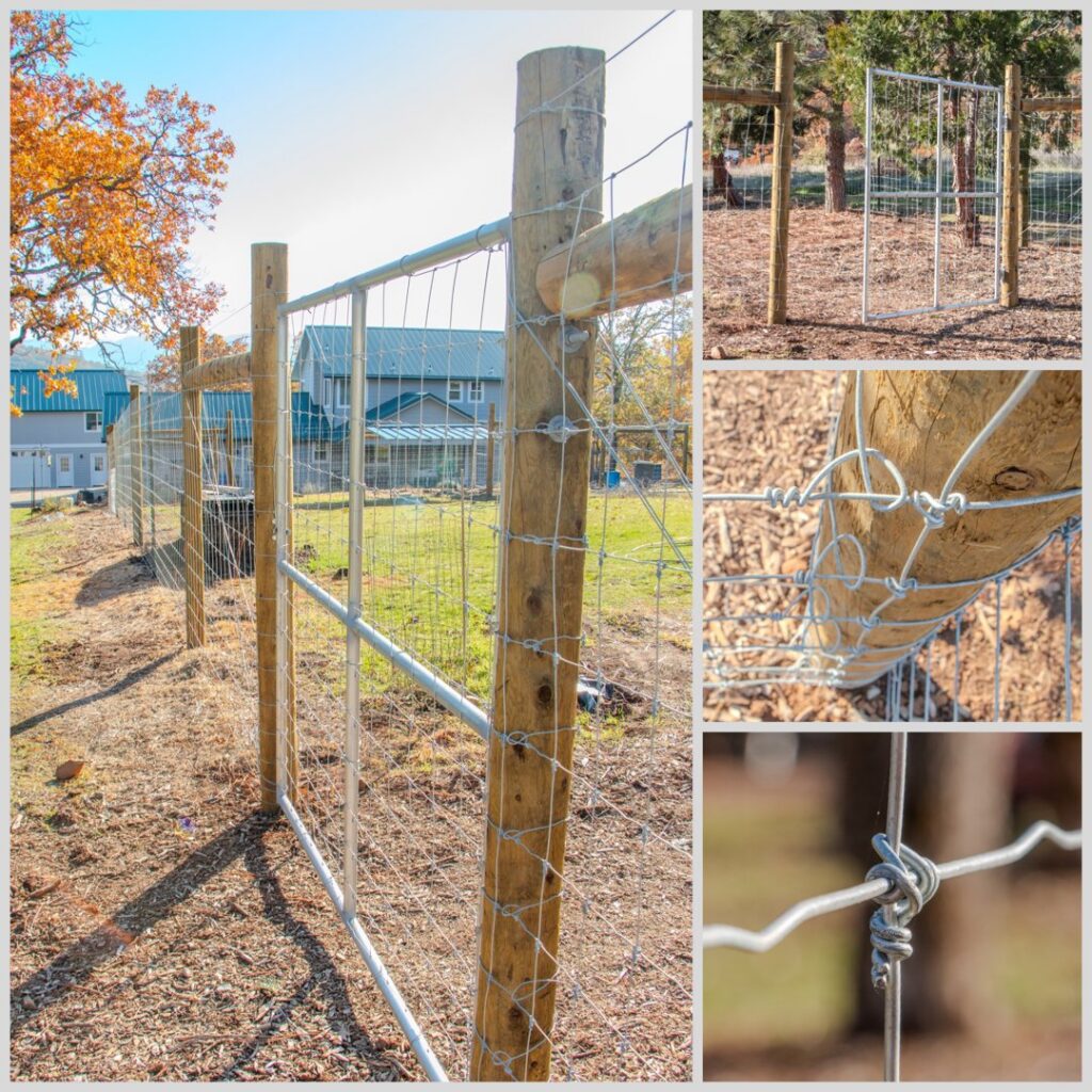 A collage showing wire fence installation with wood posts and detailed wire attachments by Prestige Fencing LLC in Medford, OR.