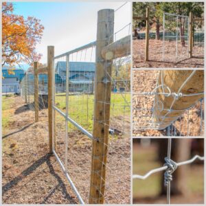 A collage showing wire fence installation with wood posts and detailed wire attachments by Prestige Fencing LLC in Medford, OR.