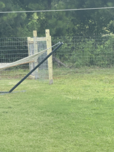 A sturdy wire mesh fence with wooden posts defining a backyard boundary, installed by G2 Home Solutions in Phenix City, AL.