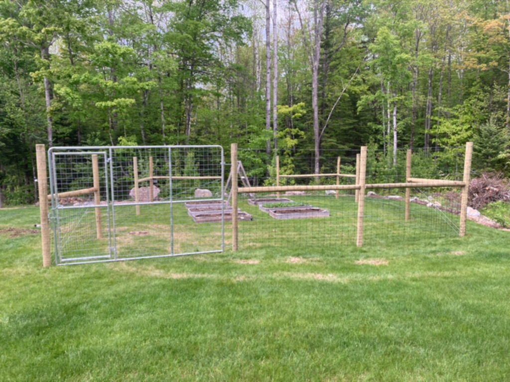 A wire mesh fence with a gate enclosing a garden area, installed by Doolan Fence in Montpelier, VT.