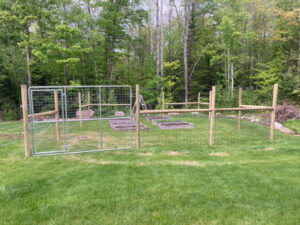 A wire mesh fence with a gate enclosing a garden area, installed by Doolan Fence in Montpelier, VT.