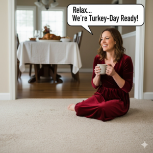 A woman relaxing on a freshly cleaned carpet, ready for guests, by Abq Prime Carpet Cleaners in Albuquerque, NM.