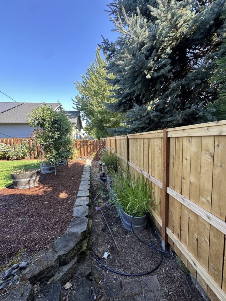 A newly installed wood fence running alongside a landscaped path in a residential area by RPB Fence in Salem, OR