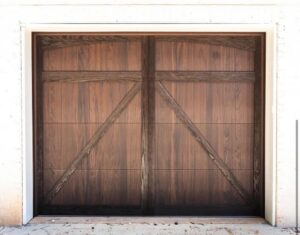 A beautiful wood-look garage door with decorative cross-bracing installed by Morning Star Garage Doors in Phoenix, AZ