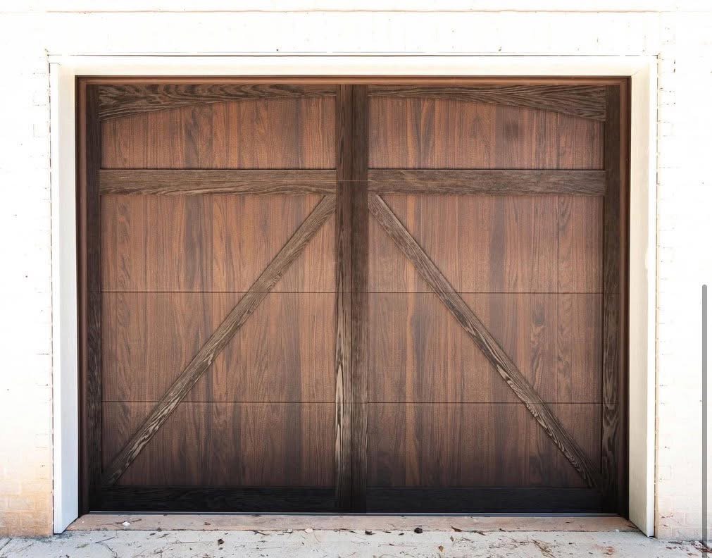A beautiful wood-look garage door with decorative cross-bracing installed by Morning Star Garage Doors in Phoenix, AZ