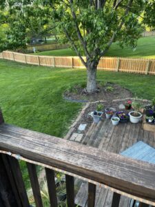 A wood picket fence installed on a sloped backyard by Royal Fence & Design LLC in Olathe, KS.
