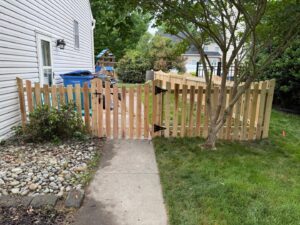 A newly installed wood picket fence with a gate enclosing a small yard, by Fast Fences LLC in Northfolk, VA.