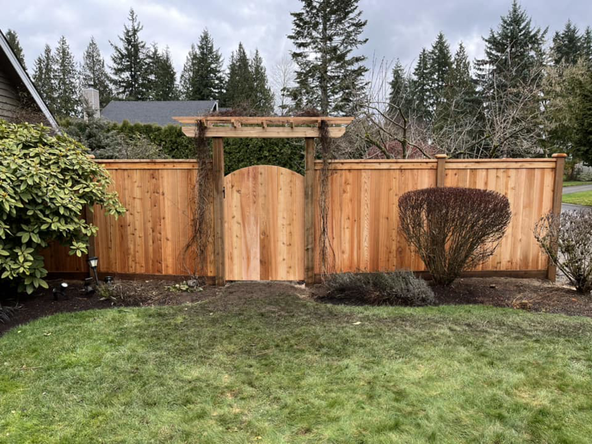 A custom wood privacy fence with an arched gate and decorative pergola by Webb Fencing Pros in Seattle, WA.