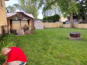 A newly installed wood privacy fence enclosing a backyard by Fence Connection, Inc. in Elgin, IL.