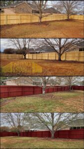 Multiple views of wood privacy fence installation and staining projects by R&R Fence & Stain LLC in Madison, AL.