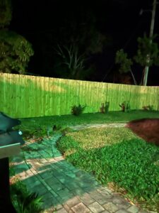 A wooden privacy fence illuminated by green lights at night, installed by Inovation Fence in Fort Worth, TX.