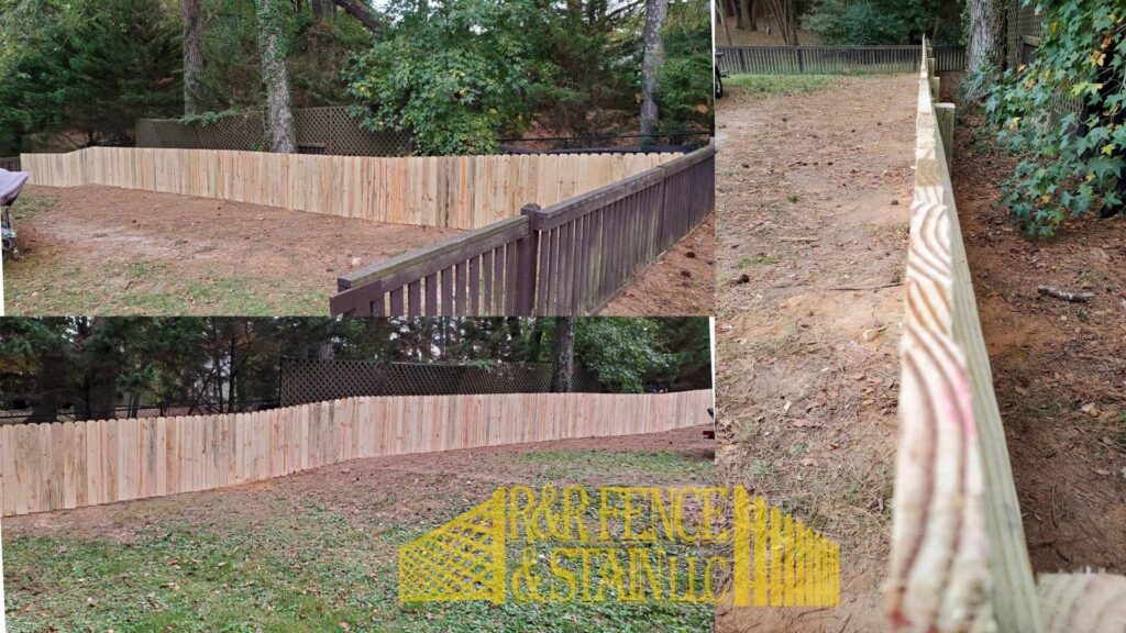 Before and after of a wood privacy fence replacement project by R&R Fence & Stain LLC in Madison, AL.