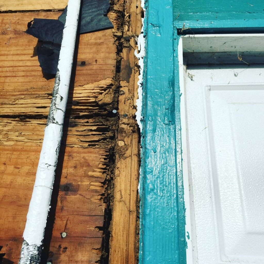 Damaged wood siding next to a door frame, showing signs of pest activity requiring termite control from Pest by MD in Jersey City, NJ.
