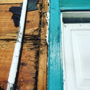 Damaged wood siding next to a door frame, showing signs of pest activity requiring termite control from Pest by MD in Jersey City, NJ.