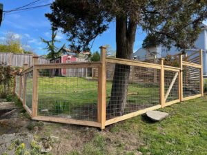 A wooden fence with wire mesh panels enclosing a garden area by Helmco Fences in Seattle, WA.