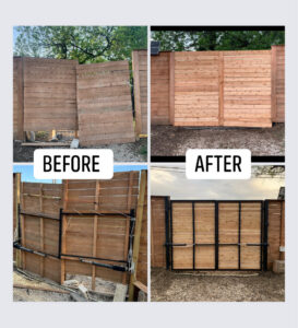 Before and after comparison of a wooden fence and automatic gate installation by G L Fence & Remodeling in Arlington, TX.