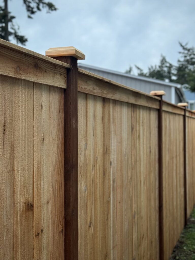 A section of a wooden fence line featuring uniform posts and caps, built by Fences NW LLC in Spanaway, WA