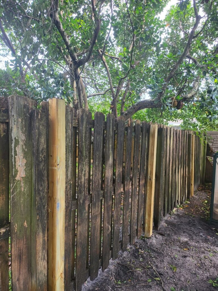 A wooden fence showing new posts from a repair or installation project by Ace Fence Company in Fort Lauderdale, FL.