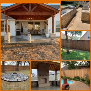 A collage showcasing various outdoor solutions, including new wooden privacy fences installed by Hill's Outdoor Solutions in Fort Worth, TX.
