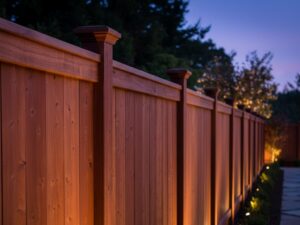 A wooden privacy fence with elegant accent lighting installed by Horizon Fence & Custom Gates, Inc. in Orangevale, CA.